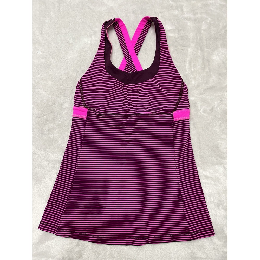 Lululemon Tank Top Women 4 Pink Striped Racerback Built-In Bra Athletic Workout
